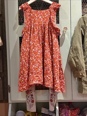 Peek Girls' Orange Floral Ruffle-Shoulder Dress